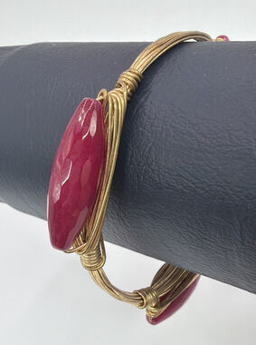 Artisan Gold Tone Wire Wrapped Pink Faceted Stone Bangle Bracelet Boho